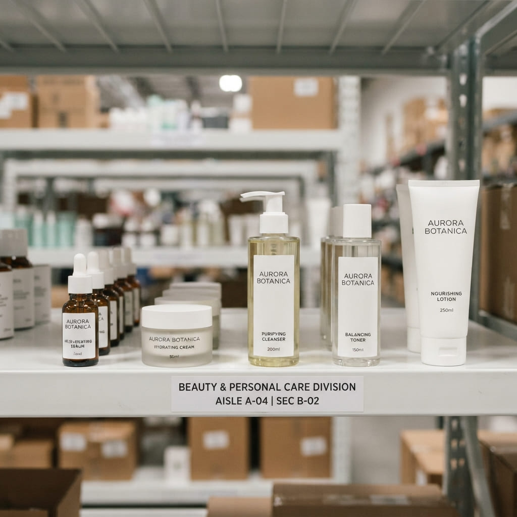 Cosmetics and personal care bottles lined up on a shelf
