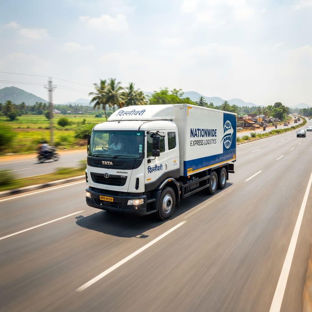 Delivery truck carrying consignments along an Indian highway