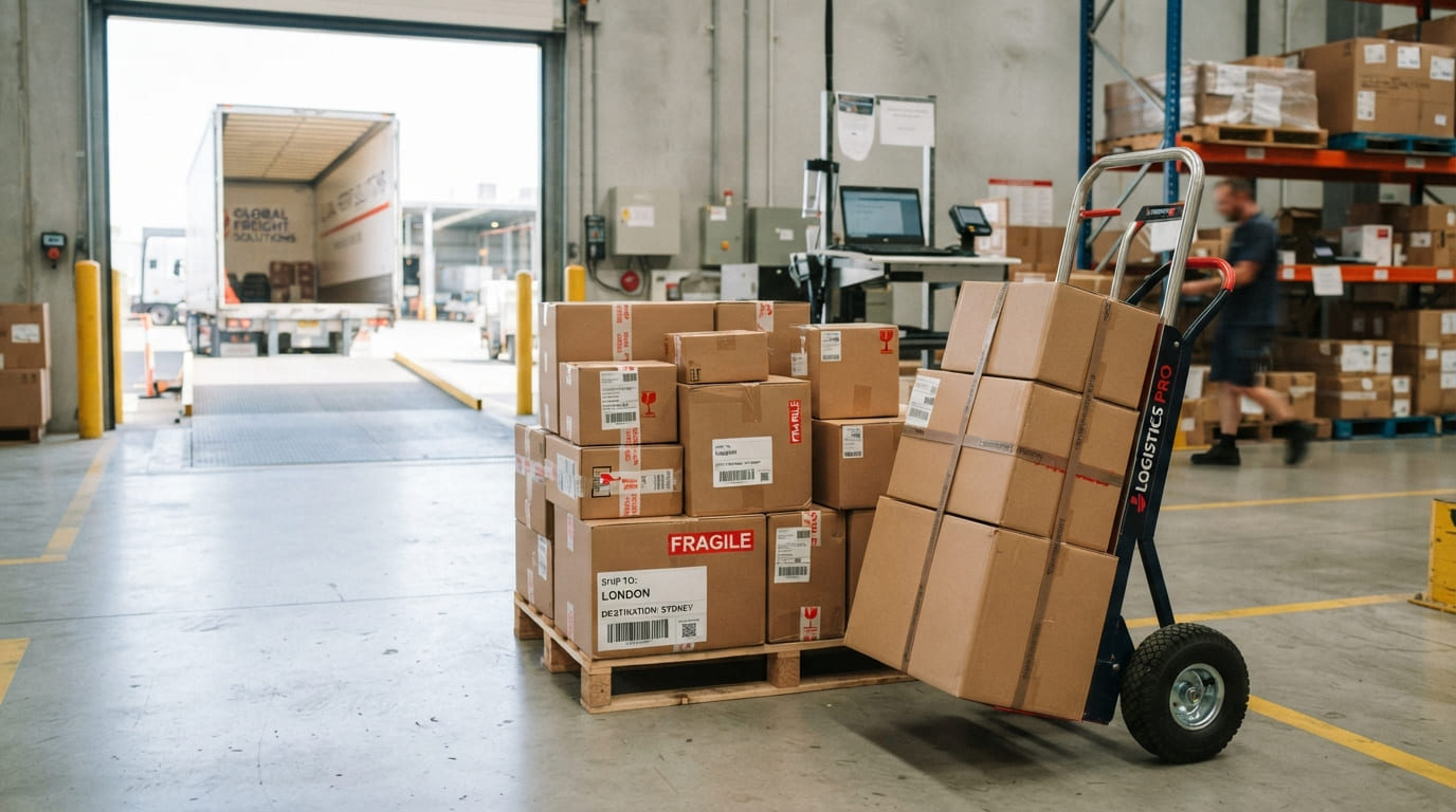 Sealed parcels stacked beside a hand truck in the dispatch bay