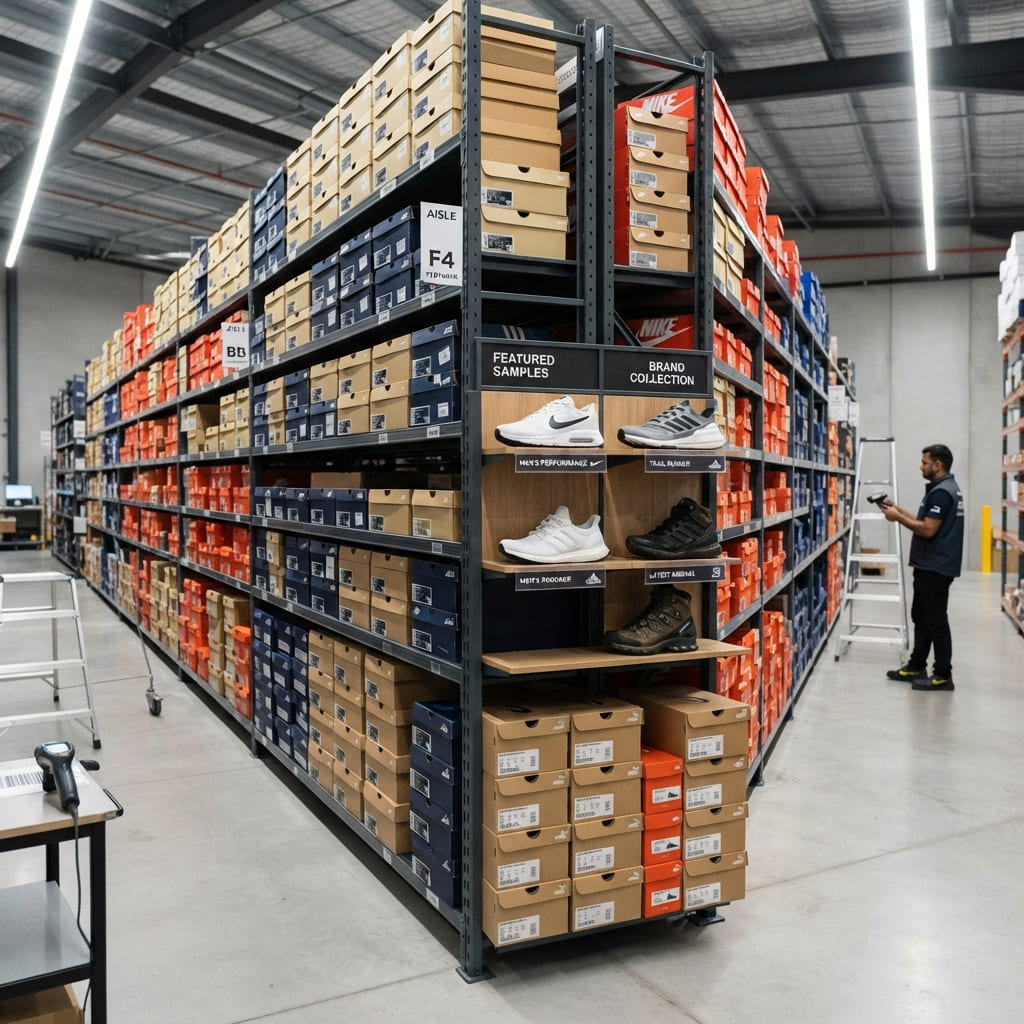 Stacked shoe boxes and a sneaker in the footwear section