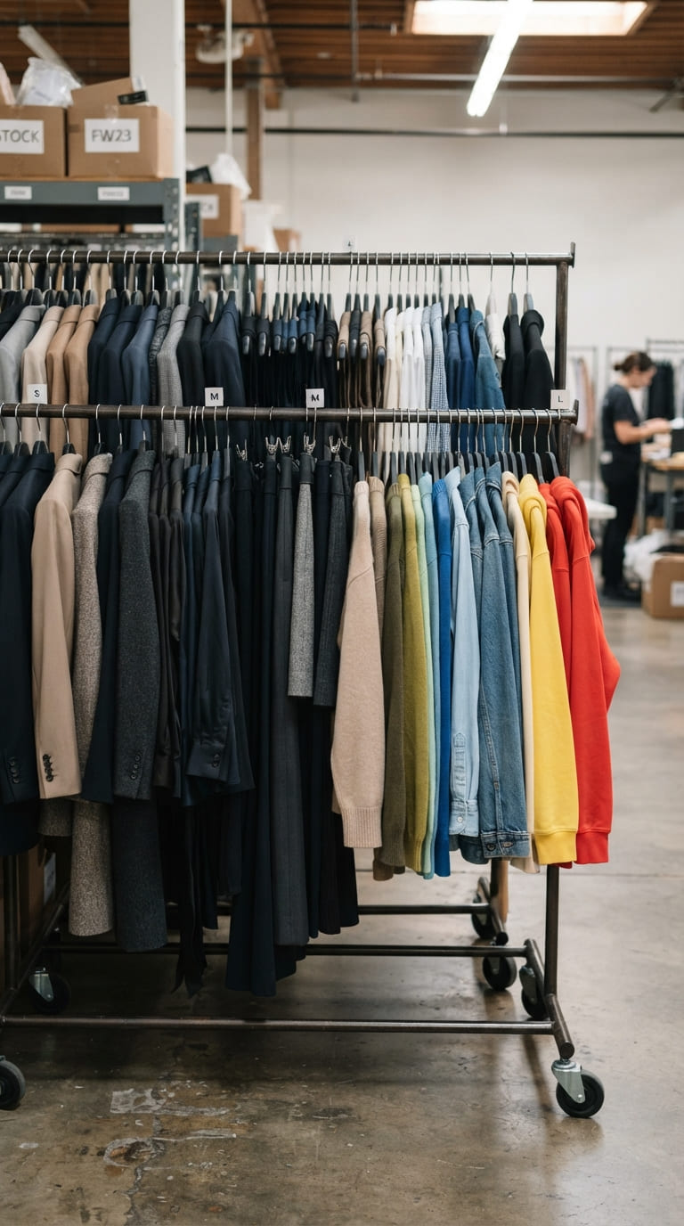 Garments hanging on a rolling rack, sorted by style and colour