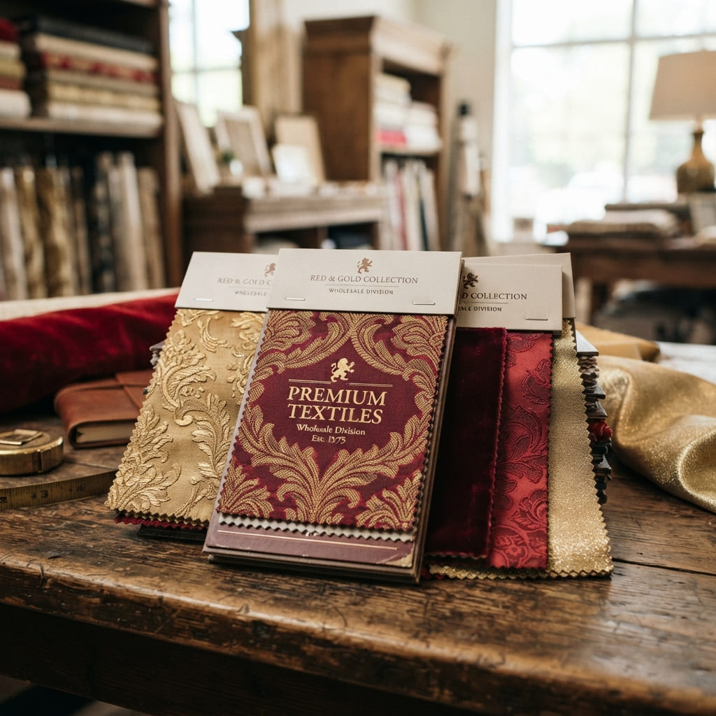 Fabric swatch books in rich red and gold, representing our textiles division