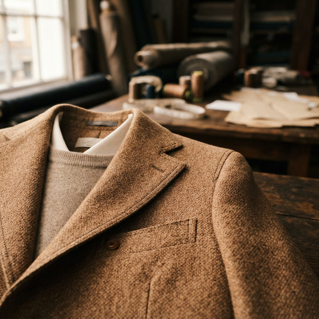 Tailored tweed jacket resting in a workshop, representing our garments division