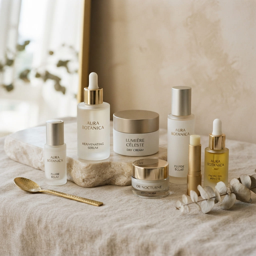Premium cosmetics bottles arranged on linen, representing our beauty division