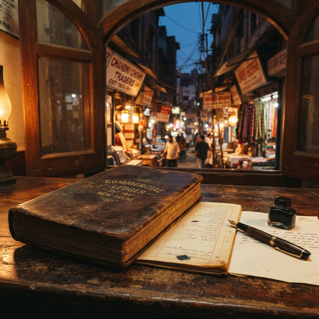 An old commercial ledger and fountain pen on a wooden counter, with a Delhi wholesale market street visible through an arched window behind