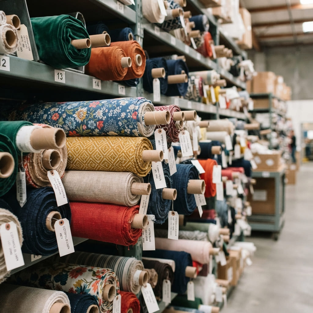 Rolls of fabric stacked in the textiles section