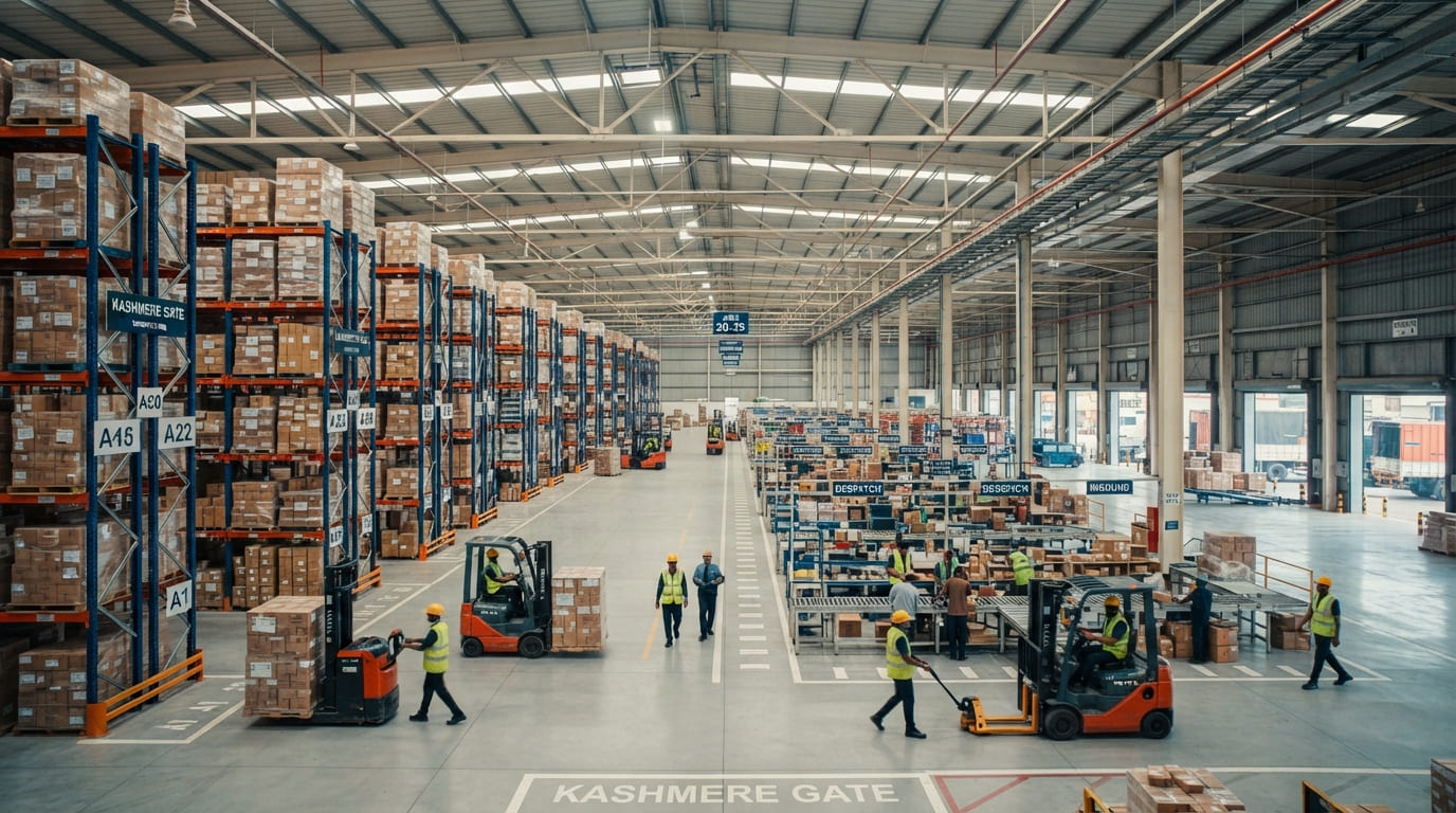 Racked cartons of stock lining the aisles of the Mirdull warehouse at Kashmere Gate
